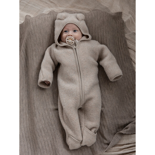 Merino Wool Fleece Ears Long Sleeve Zipper Hooded Pram Suit, Camel Melange - Rompers - 2