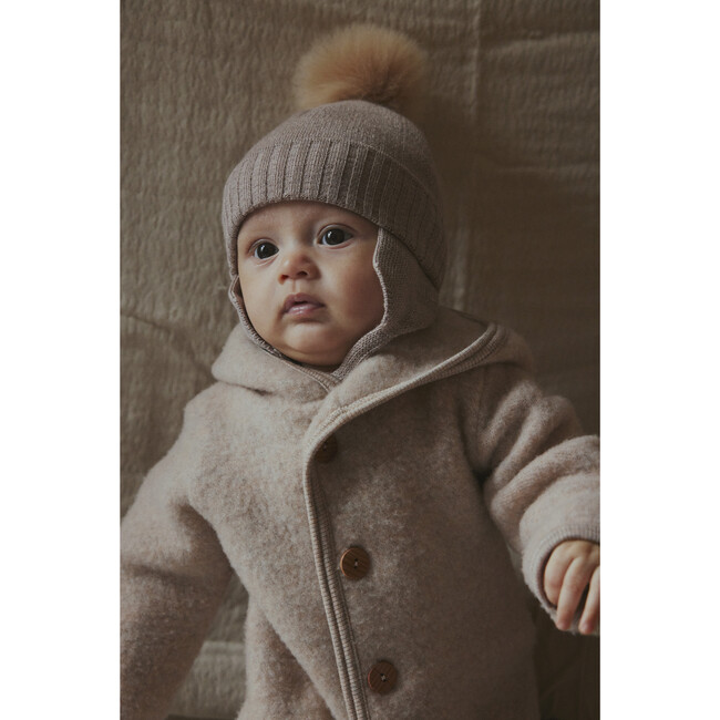 Merino Wool Fleece Long Sleeve Point Hooded Pixie Suit, Camel Melange - Rompers - 3