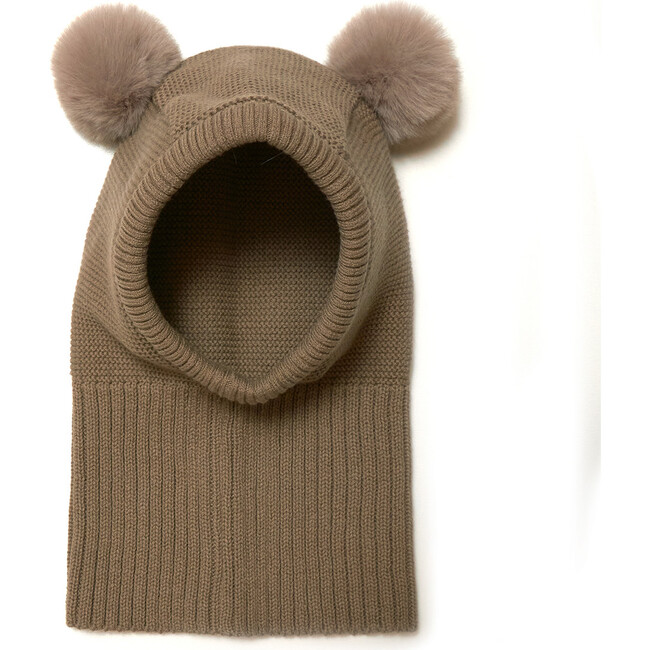 Cotton Knit 2-Faux Fur Pom Poms Balaclava, Brown