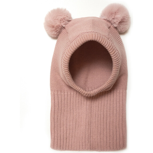 Cotton Knit 2-Faux Fur Pom Poms Balaclava, Dusty Rose