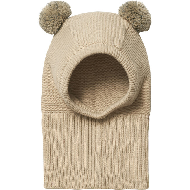 Cotton Knit 2-Reflective Yarn Pom Poms Balaclava, Camel