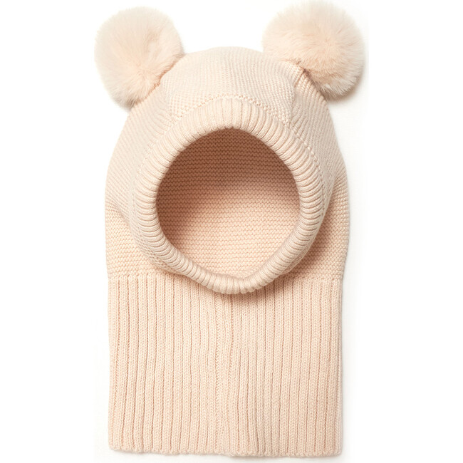 Cotton Knit 2-Faux Fur Pom Poms Balaclava, Off White