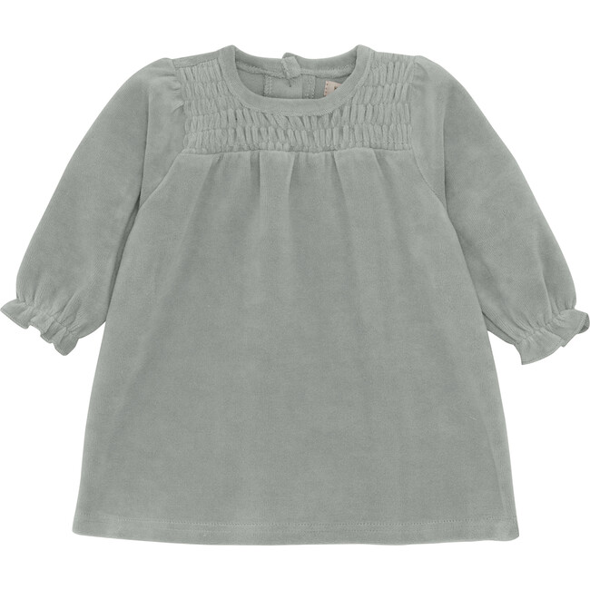 Babys Velour Round Neck Long Puff Sleeve Smocked Dress, Quarry