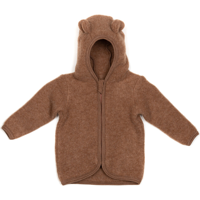 Jackie Merino Wool Fleece Ears Front Zipper Hooded Jacket, Caramel