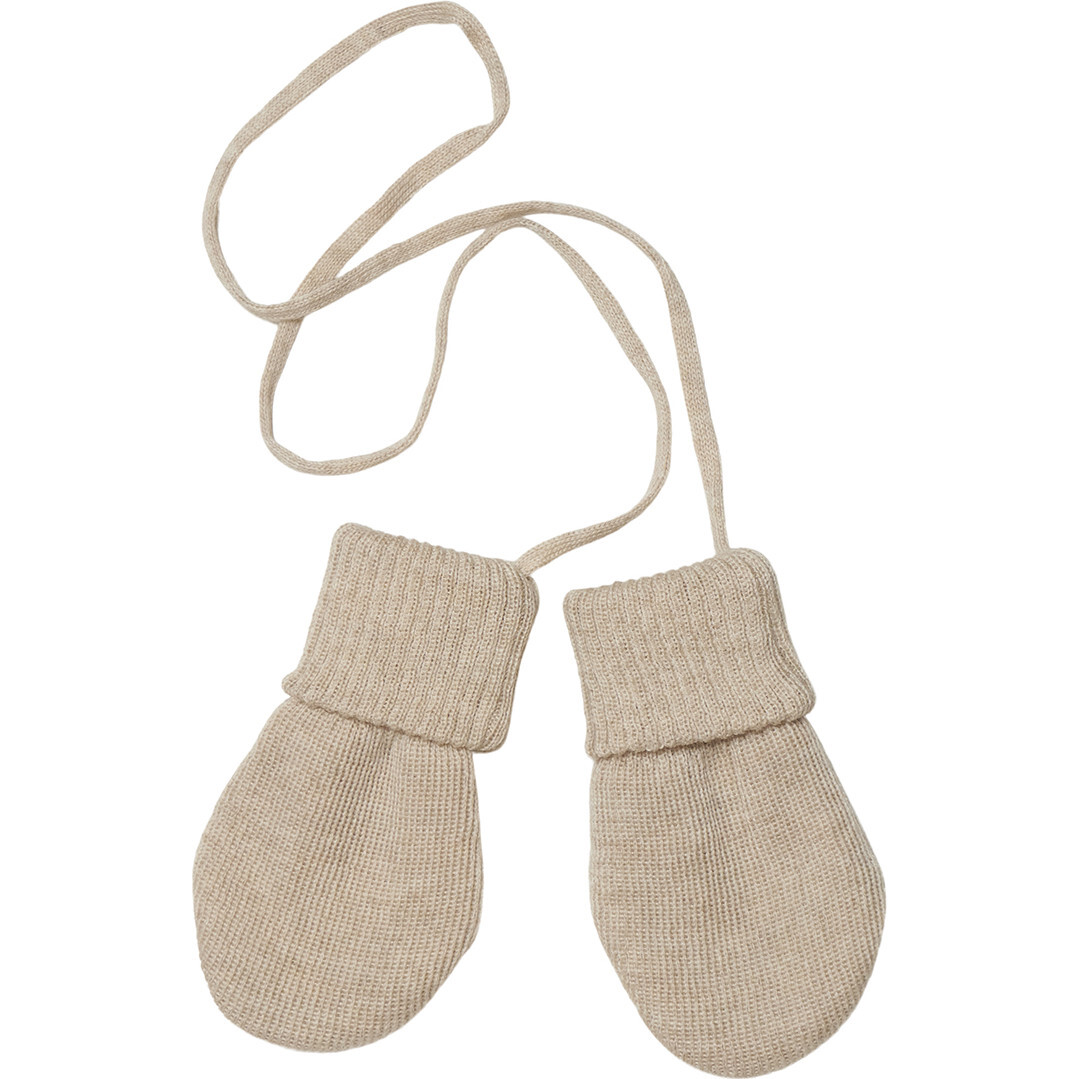 Babys Merino Wool Knit Thumb-Less Mittens, Sand - Gloves - 1