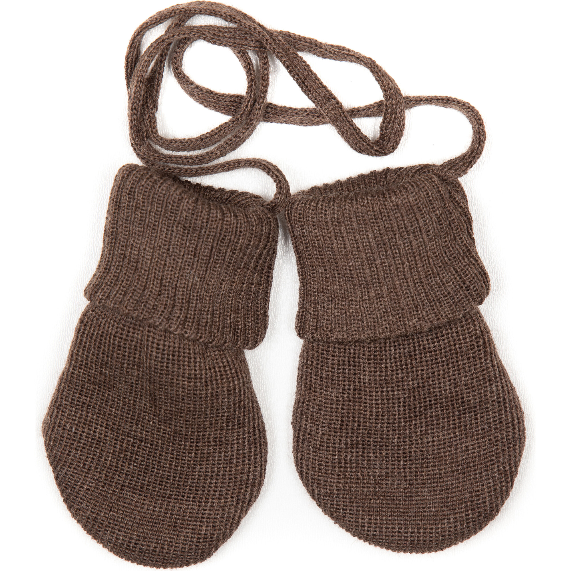Babys Merino Wool Knit Thumb-Less Mittens, Brown - Gloves - 1