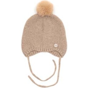 Babys Merino Wool Cashmere Faux Fur Pom Pom Bonnet, Camel