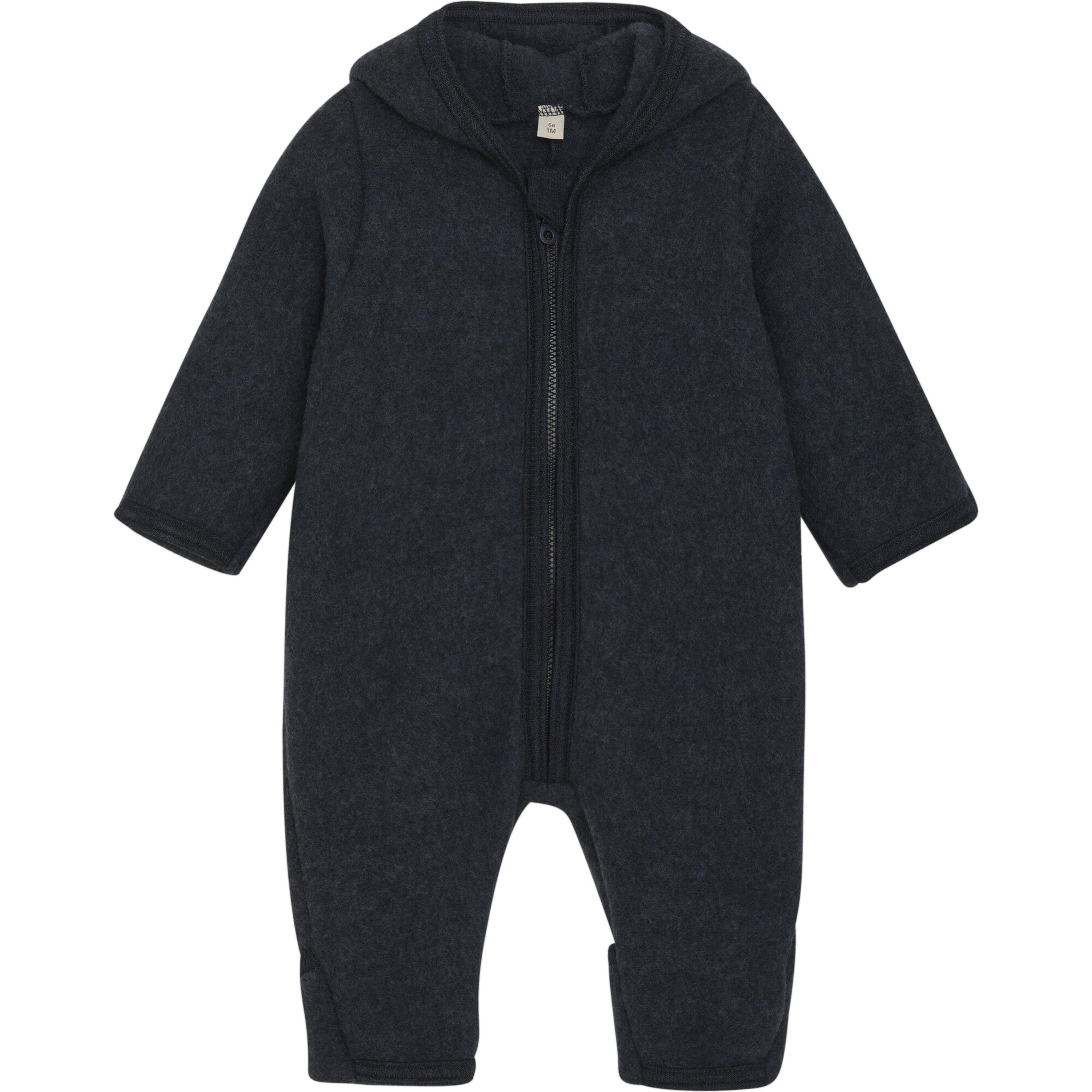 Babys Merino Wool Fleece Ears Long Sleeve Zipper Hooded Pram Suit, Navy - Bunting - 1