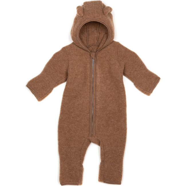 Allie Merino Wool Fleece Ears Long Sleeve Zipper Hooded Pram Suit, Caramel