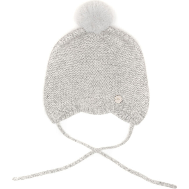 Babys Merino Wool Cashmere Faux Fur Pom Pom Bonnet, Light Grey Melange