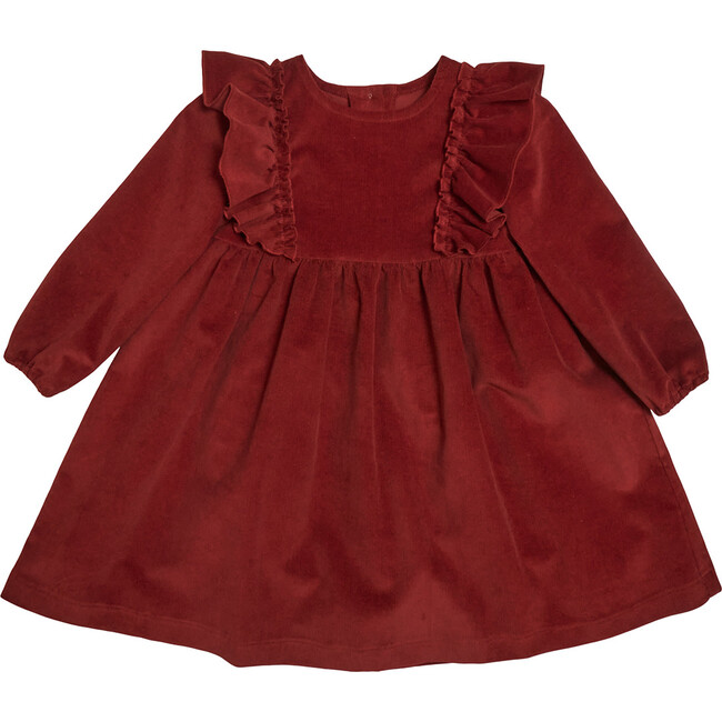 Sophia Corduroy Ruffle Detail Long Sleeve Back Buttons Dress, Cayenne