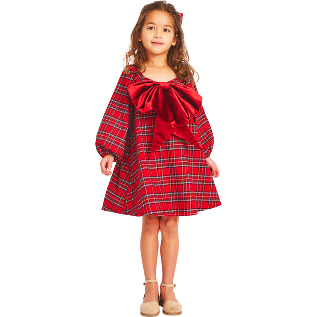 Blair Tartan Short Puff Sleeve Off-Shoulder Dress, Red