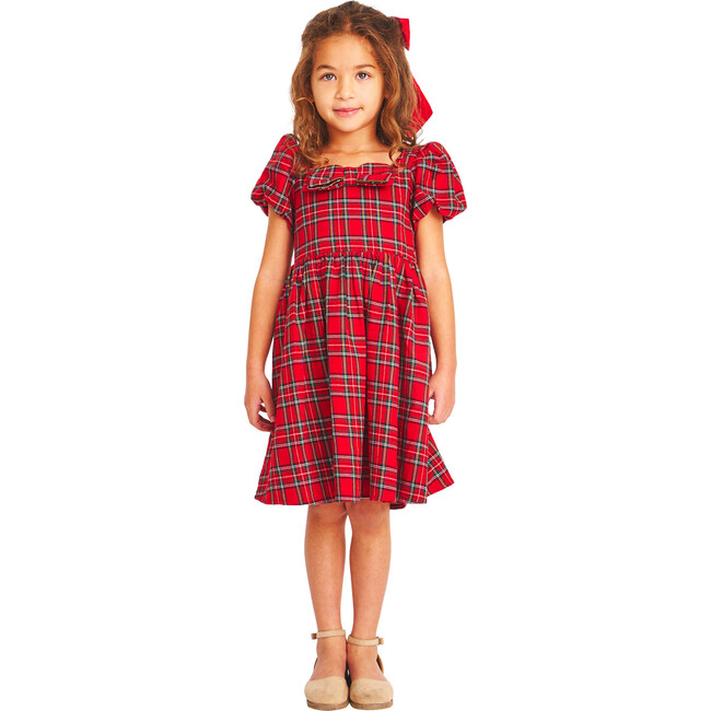 Kylie Tartan Square Neck Short Puff Sleeve Dress, Red - Dresses - 1