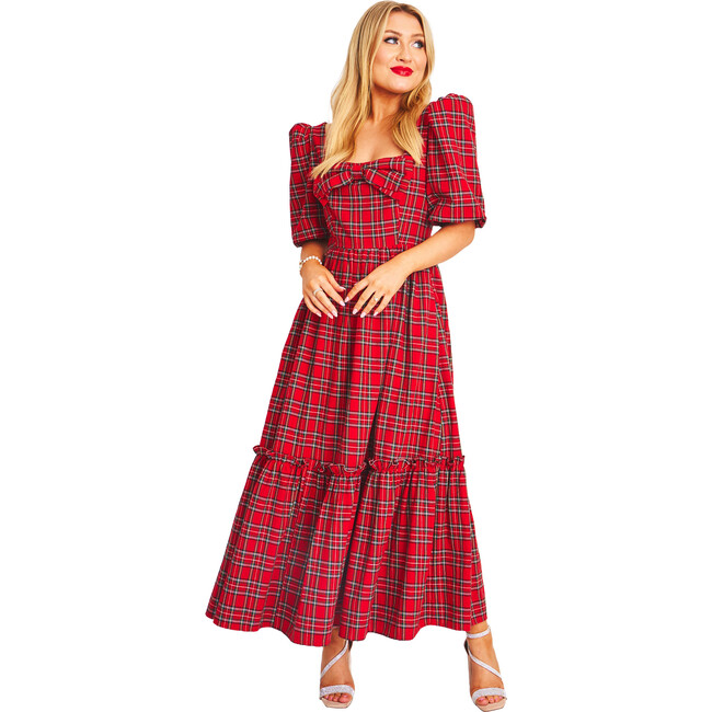 Women's Kylie Tartan Square Neck Short Puff Sleeve Dress, Red