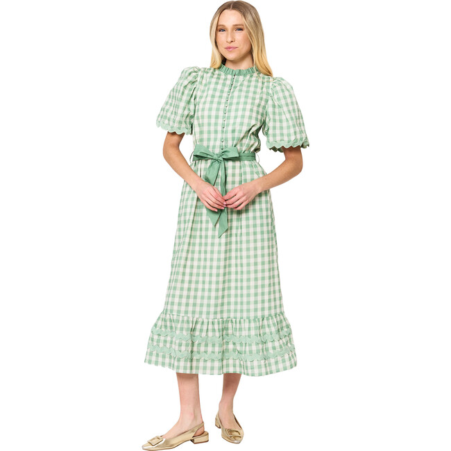 Women's Daphne Gingham Ruffle Neck Short Sleeve Midi Dress, Green