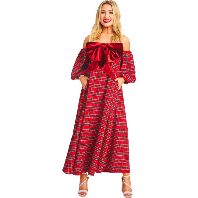 Women's Blair Tartan Short Puff Sleeve Off-Shoulder Dress, Red - Dresses - 1