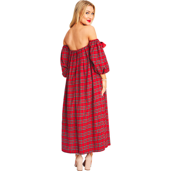 Women's Blair Tartan Short Puff Sleeve Off-Shoulder Dress, Red - Dresses - 2