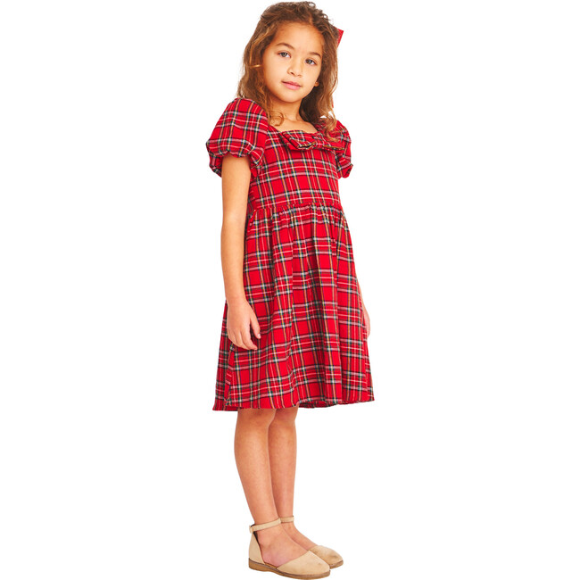 Kylie Tartan Square Neck Short Puff Sleeve Dress, Red - Dresses - 3