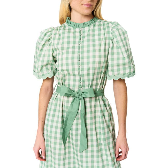 Women's Daphne Gingham Ruffle Neck Short Sleeve Midi Dress, Green - Dresses - 3