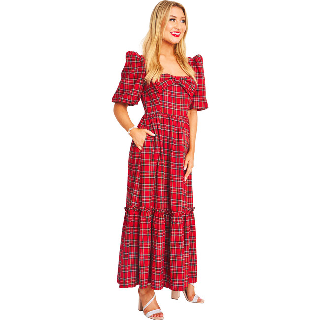 Women's Kylie Tartan Square Neck Short Puff Sleeve Dress, Red - Dresses - 3