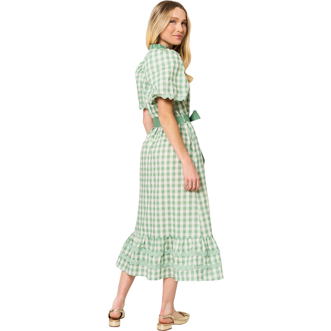 Women's Daphne Gingham Ruffle Neck Short Sleeve Midi Dress, Green - Dresses - 4