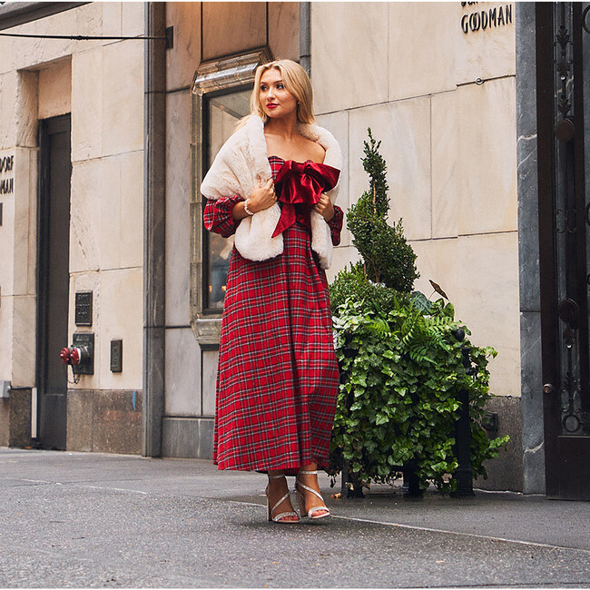 Women's Blair Tartan Short Puff Sleeve Off-Shoulder Dress, Red - Dresses - 5