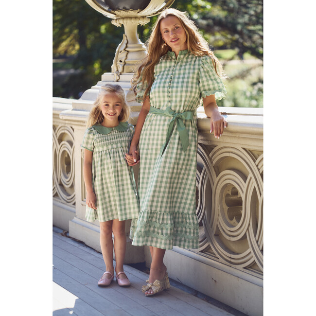 Women's Daphne Gingham Ruffle Neck Short Sleeve Midi Dress, Green - Dresses - 7