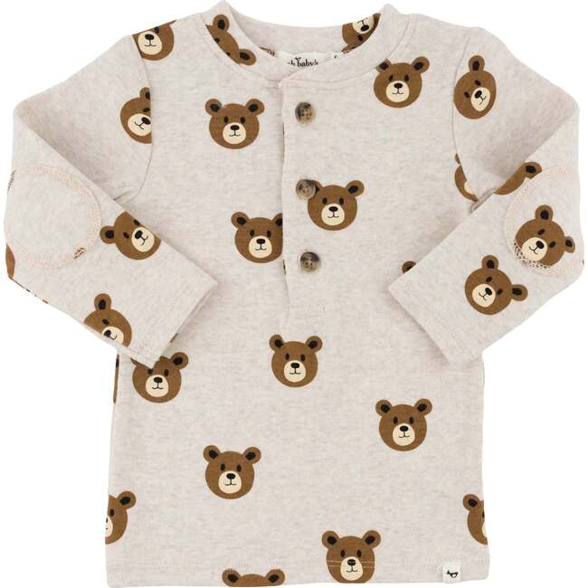 Teddy Bear Face Print Elbow Patch Henley, Malt