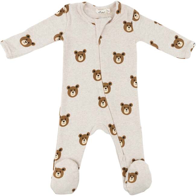 Teddy Bear Face Print Zipper Footie, Malt