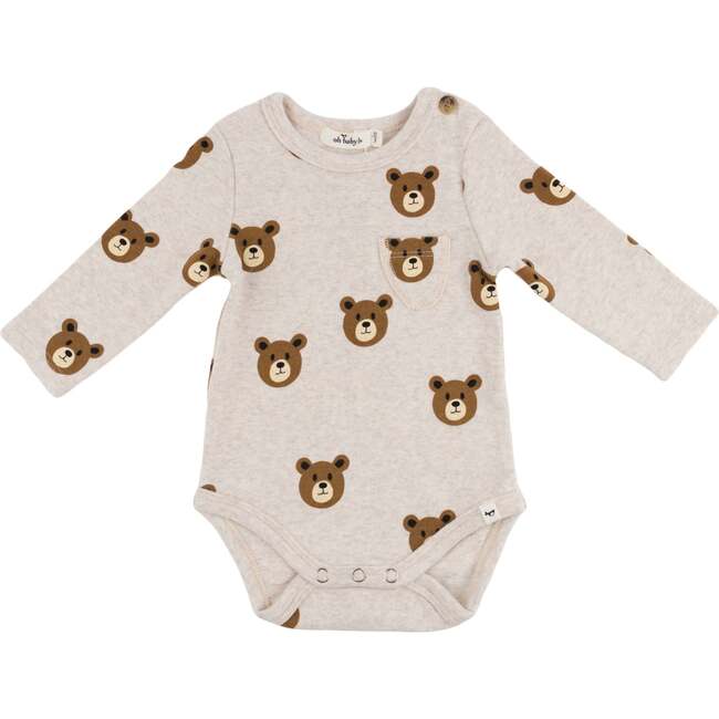 Teddy Bear Face Print Pocket Onesie, Malt