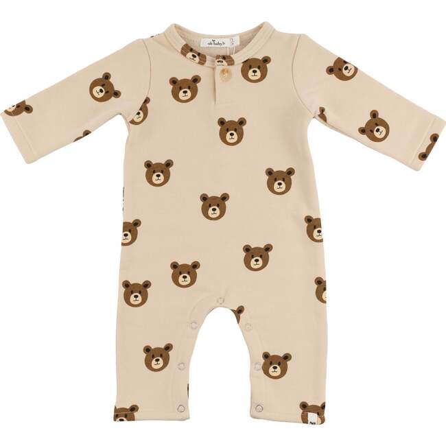 Teddy Bear Face One Button Romper French Terry, Biscotti