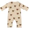 Teddy Bear Face One Button Romper French Terry, Biscotti - Rompers - 2