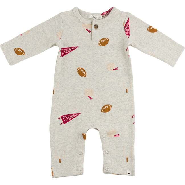 Football Print One Button Romper Baby Rib, Oatmeal Heather