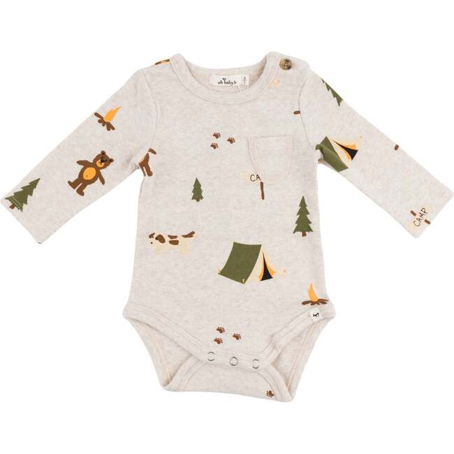 Camping Print Pocket Onesie, Malt