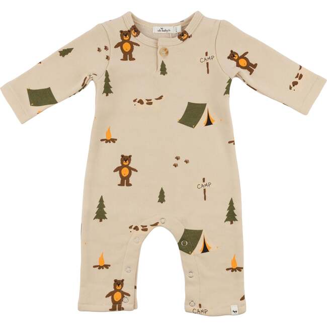 Camping Print One Button Romper French Terry, Biscotti