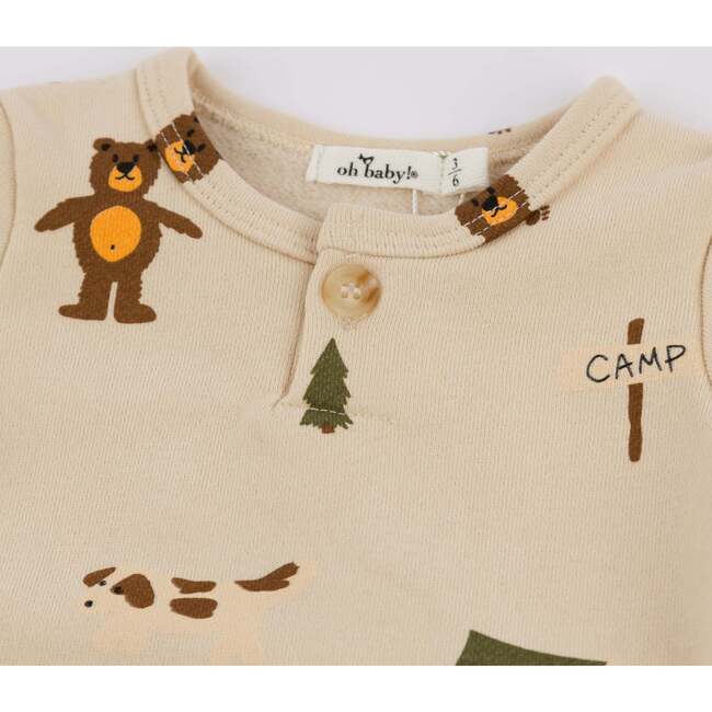 Camping Print One Button Romper French Terry, Biscotti - Rompers - 4