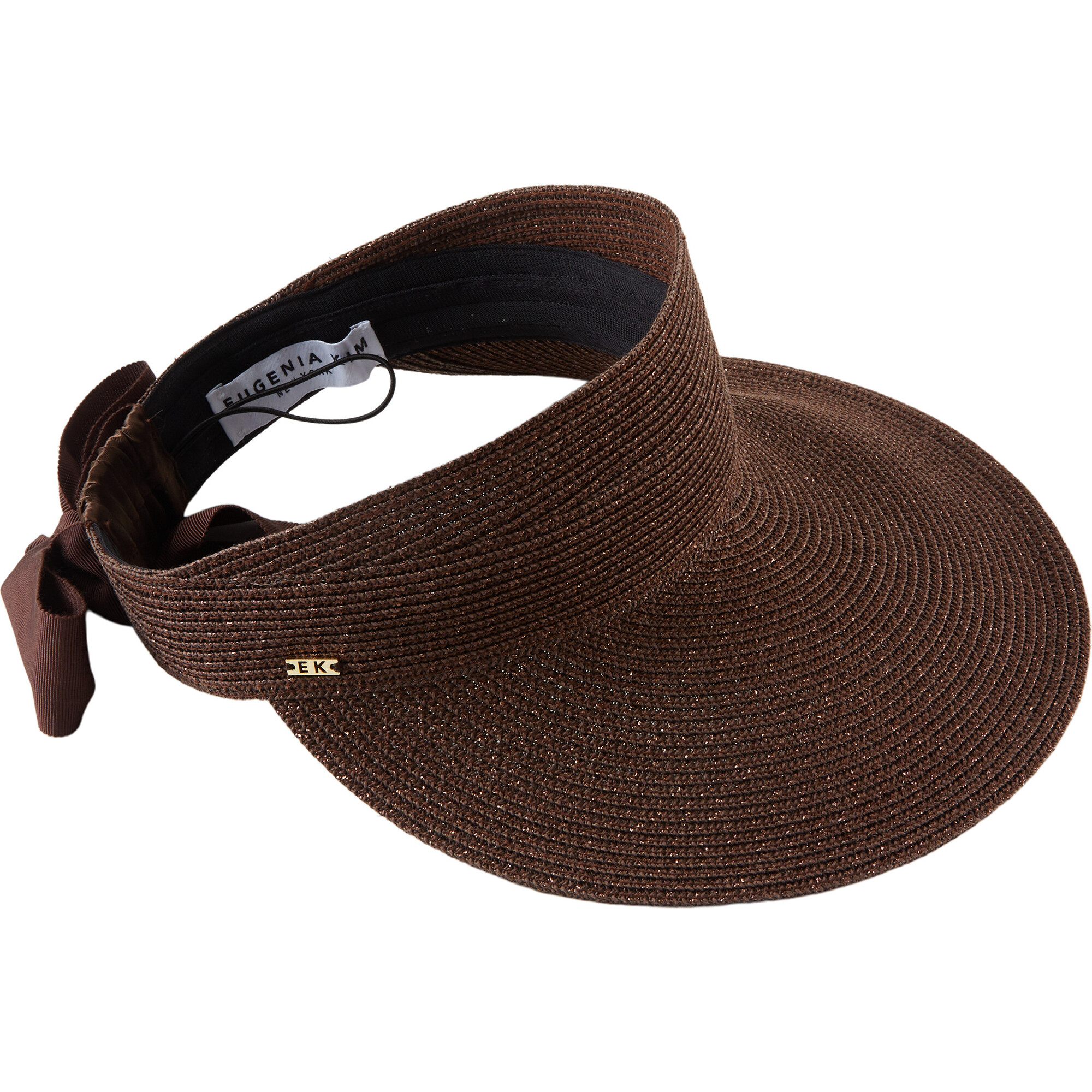 Women's Ricky 14Kt Gold Logo Grosgrain Ties Packable UPF 30 Visor, Chocolate - Hats - 1