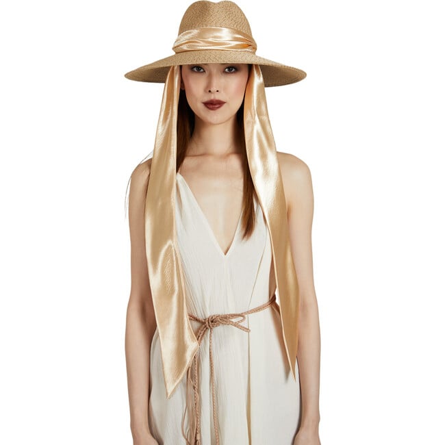 Women's Cassidy 14Kt Gold Grommets Satin Scarf UPF 25+ Fedora, Sand & Gold - Hats - 3