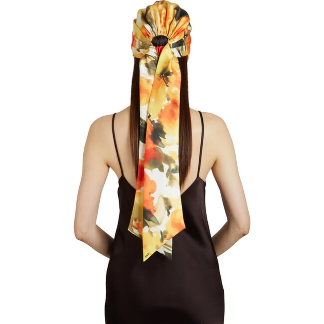 Women's Gigi Floral Print 14Kt Gold Logo Tipped Satin Headscarf, Orange - Hair Accessories - 3