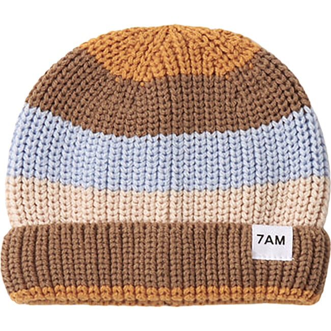 Chunky Ribbed Knit Striped Elastic Fit Beanie Hat, Olive & Multicolors