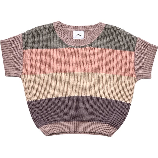 Chunky Ribbed Knit Striped Round Neck Short Sleeve Wide Boxy Fit Sweater, Multicolors