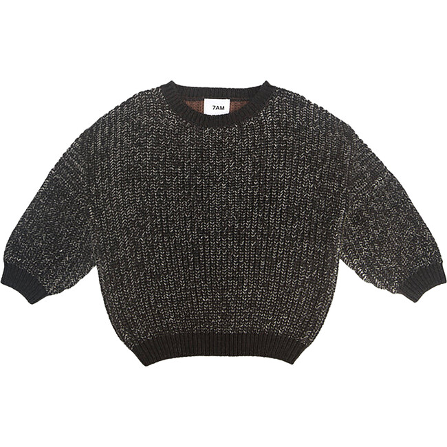 Chunky Ribbed Knit Round Neck Long Sleeve Wide Boxy Fit Sweater, Black Melange & Brown