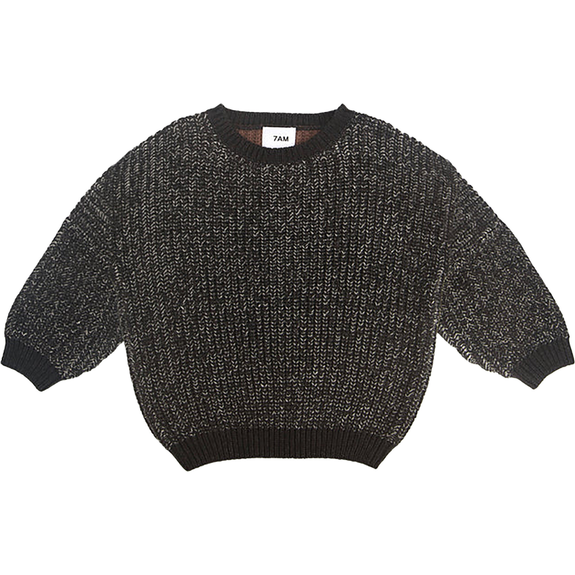 Chunky Ribbed Knit Round Neck Long Sleeve Wide Boxy Fit Sweater, Black Melange & Brown - Sweaters - 1