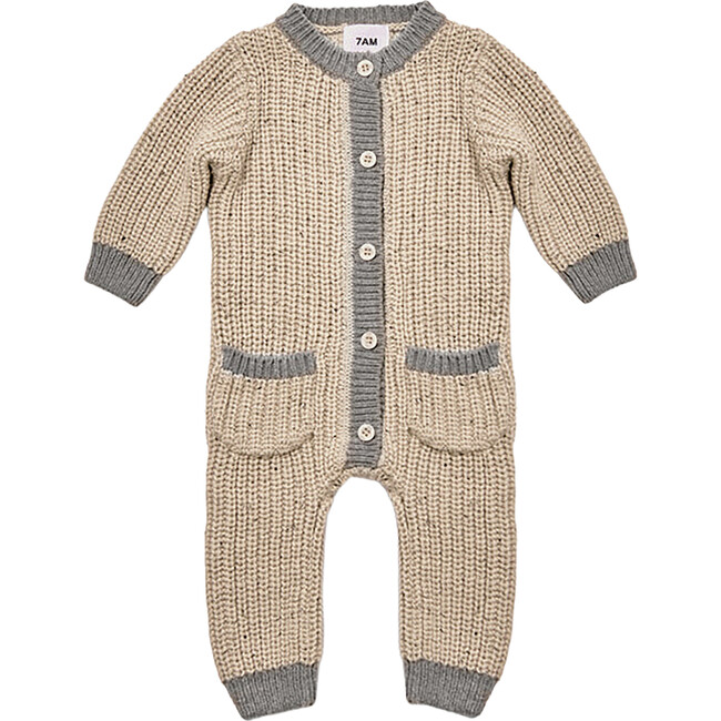 Chunky Ribbed Knit Round Neck Long Sleeve Loose-Fit Romper, Oat & Heather Grey