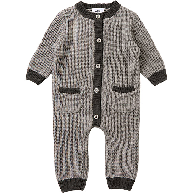 Chunky Ribbed Knit Round Neck Long Sleeve Loose-Fit Romper, Heather Grey & Black