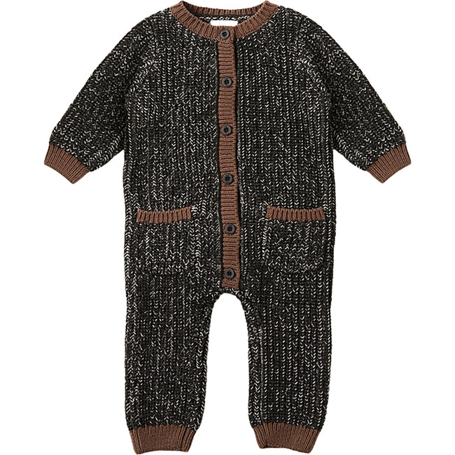 Chunky Ribbed Knit Round Neck Long Sleeve Loose-Fit Romper, Black Melange & Brown