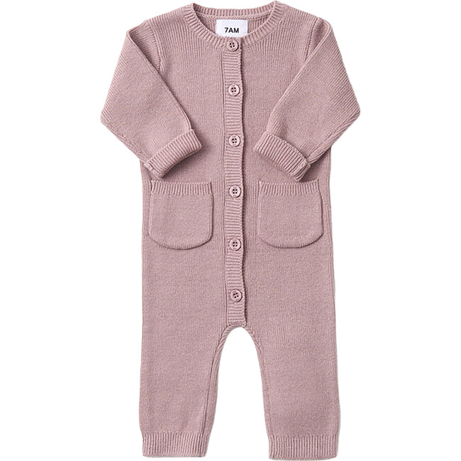 Chunky Ribbed Knit Round Neck Long Sleeve Fitted Romper, Ash Rose