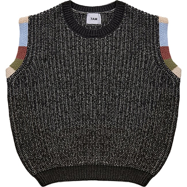 Chunky Ribbed Knit Crew Neck Sleeveless Wide Boxy Fit Tank Top, Black Melange