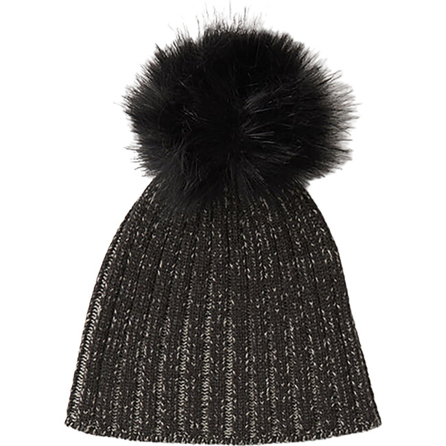 Chunky Knit Ribbed Detachable Pom Pom Beanie, Black Melange