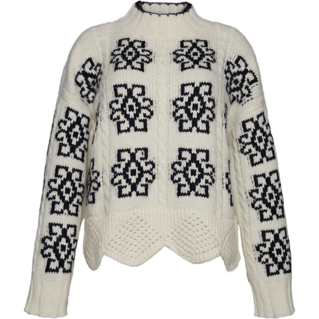 Women's Sienna Scandinavian Pattern Scallop Hem Sweater, Ivory & Black Combo